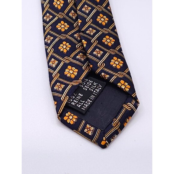Paco Rabanne Mens Silk Tie Geometric Floral Pattern Navy & Gold Made In Italy - Picture 4 of 13